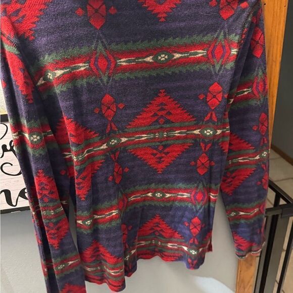 Chaps Demim Tribal Print Henley Top Long Sleeve Button Down Vneck Cut Size L - Picture 5 of 6